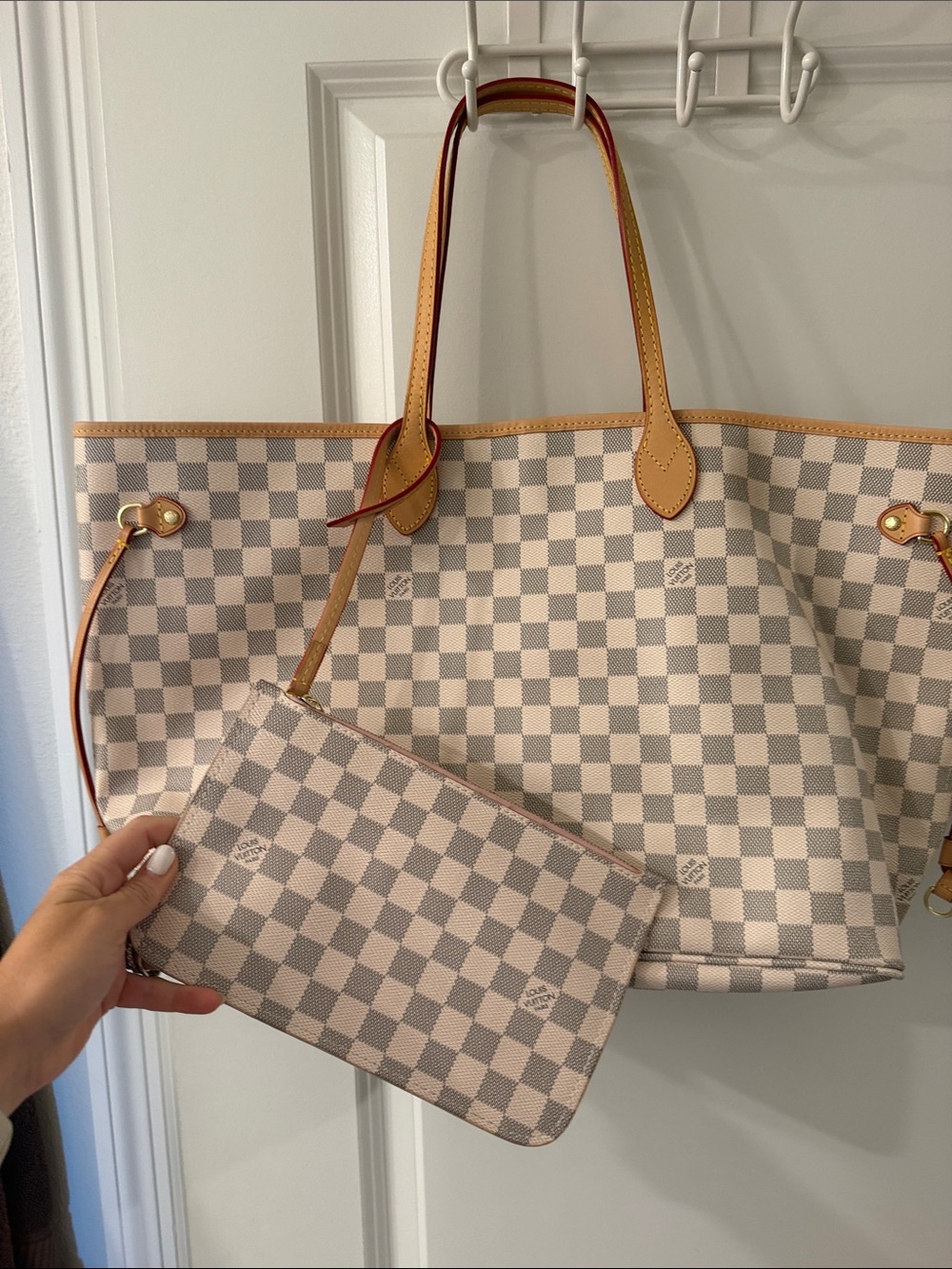 Cream Checkered Tote Bag with Tan Trim